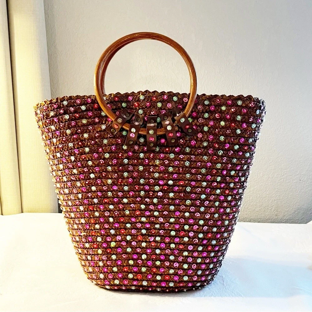 Victoria Secret sequined basket bag with wooden handles. Vintage